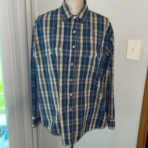 VTG Plains Western Wear Shirt Mens Large Plaid Pearl Snap Long Sleeve Navy Blue